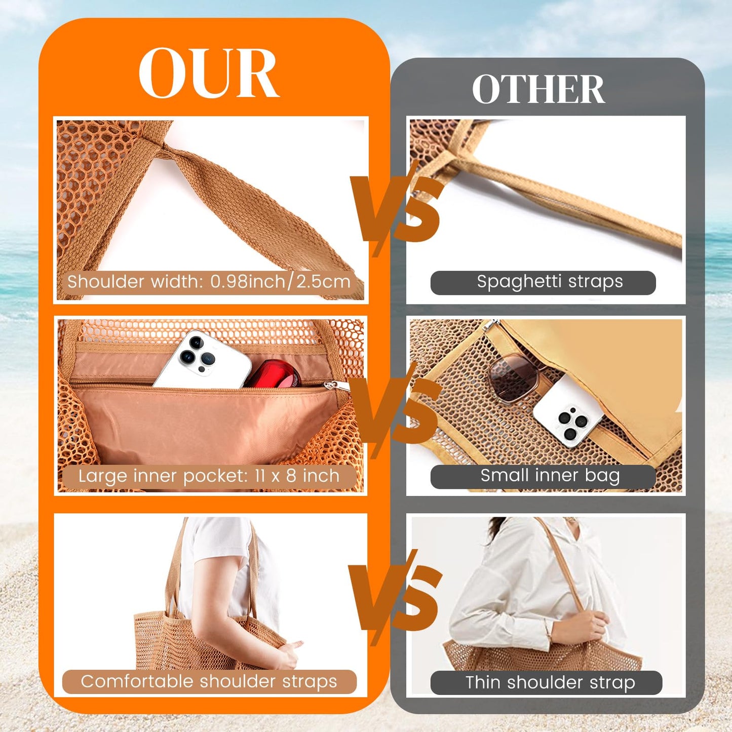 HOHOM Beach Bags for Women, Summer Travel Mesh Tote Bag with Large Inner Pocket, Sandproof Woven Shoulder Handbag Swim Pool Bag, Suit for Family Vacation Essentials