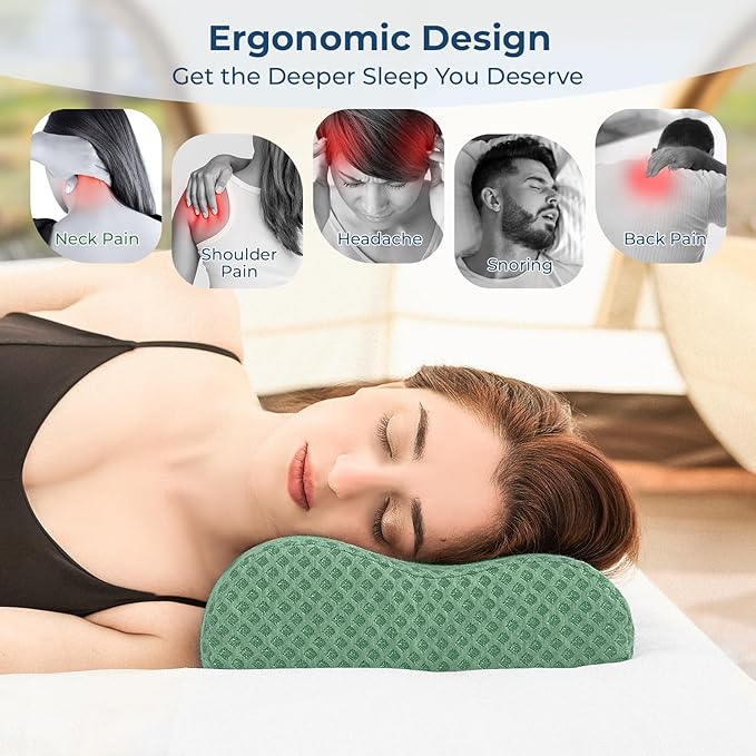 Travel Pillow Memory Foam Pillows, Ergonomic Wave Cervical Neck Pillow for Neck Pain Relief, Compressible Medium Firm Side Sleeper Pillow, Ideal for Camping, Office, Home & Bed (Green, L)