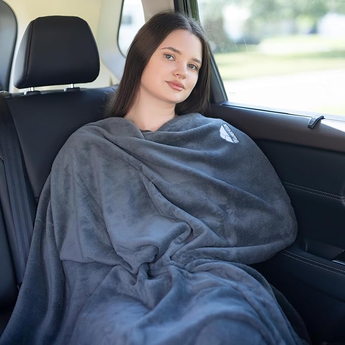 BlueHills Premium 2 Pack Travel Blanket Pillow in Mini Soft Case Plush Airplane Blanket in Bag Compact Luggage Belt Plane Pillows Gifts Long Flight Blankets Essentials Gray M21