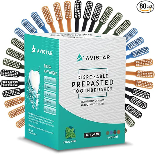 Avistar 80 Prepasted Disposable Toothbrushes Individually Wrapped - Single Use Pre Pasted Disposable Toothbrushes with Toothpaste Built in - Waterless Toothbrush for Travel, Guests, Hotel, & Camping