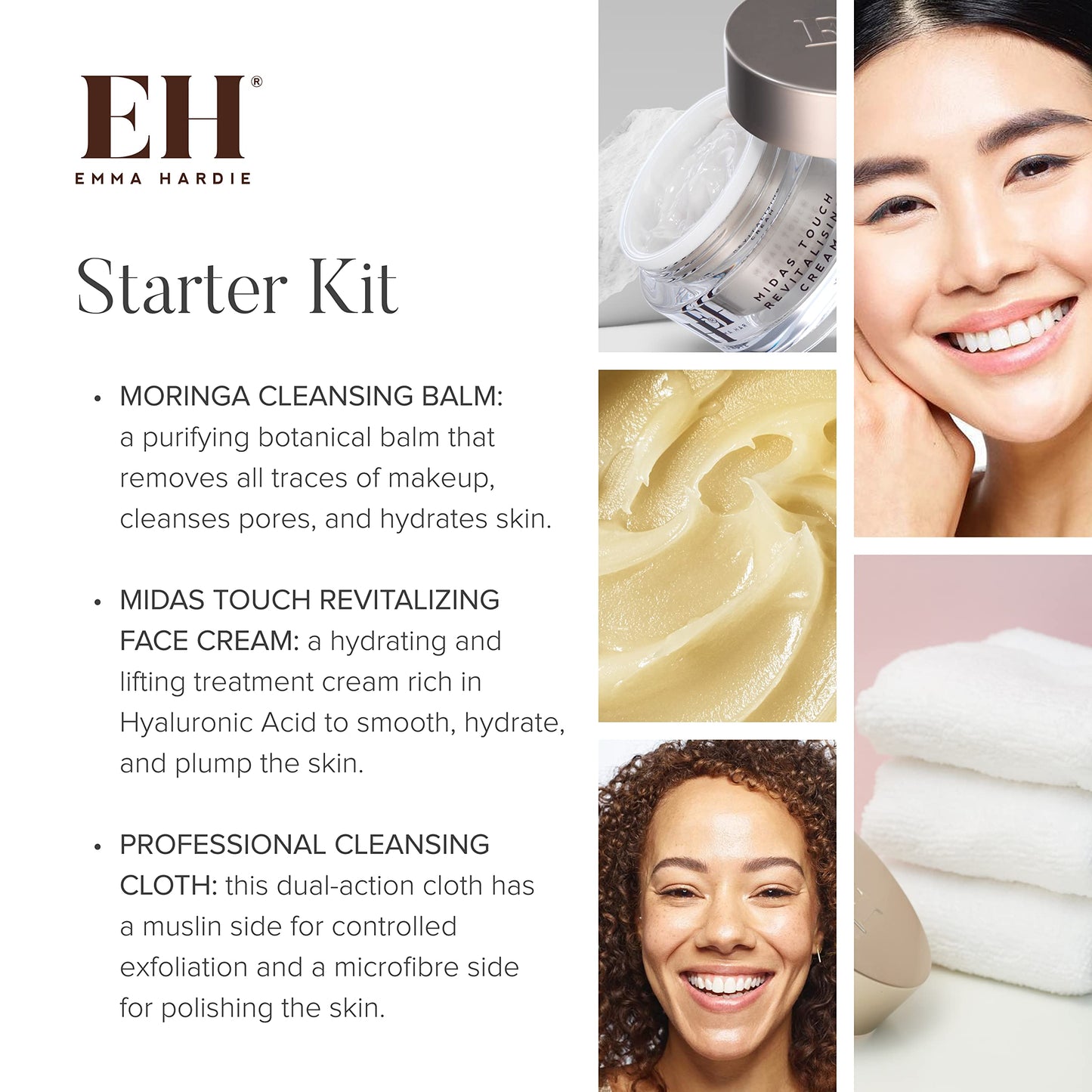 Emma Hardie Starter Kit: Travel Size 50ml Moringa Cleansing Balm, Travel Size 15ml Midas Touch Revitalising Cream & Professional Cleansing Cloth, Packed in a Cosmetic Bag, Natural & Cruelty Free