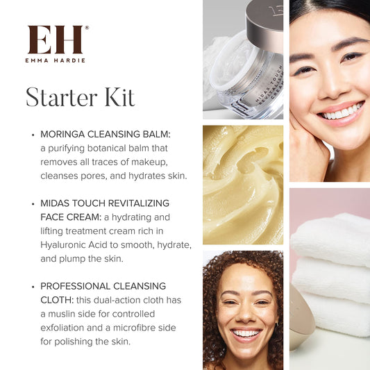 Emma Hardie Starter Kit: Travel Size 50ml Moringa Cleansing Balm, Travel Size 15ml Midas Touch Revitalising Cream & Professional Cleansing Cloth, Packed in a Cosmetic Bag, Natural & Cruelty Free