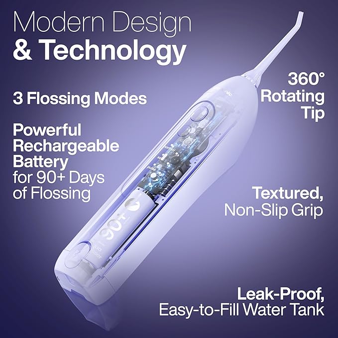 AquaSonic Icon Water Flosser for Teeth – Cordless Rechargeable Oral Irrigator – Waterproof, Portable Dental Cleaning with Jet Tip – Braces Home Travel - Lilac