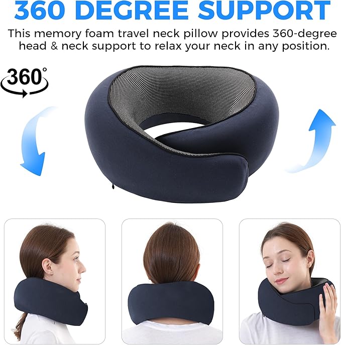 Travel Pillow,Travel Neck Pillows for Airplanes,Comfortable Breathable Cover,Memory Foam 360 Degree Support Stowable Pillows,Ideal Accessory for Sleeping Offices and Cars(Navy Blue)