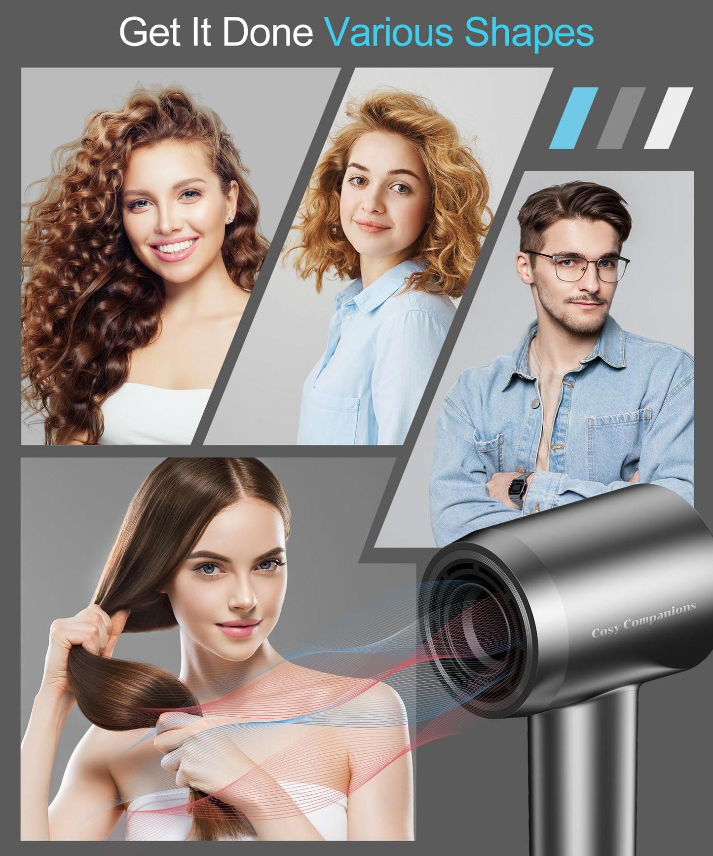 Hair Dryer - Negative Ionic Blow Dryer with 150000 RPM High Speed Brushless Motor for Fast Drying, Low Noise, HD Display Hair Dryer with Diffuser and Nozzle, 5 Temps & 2 Speeds