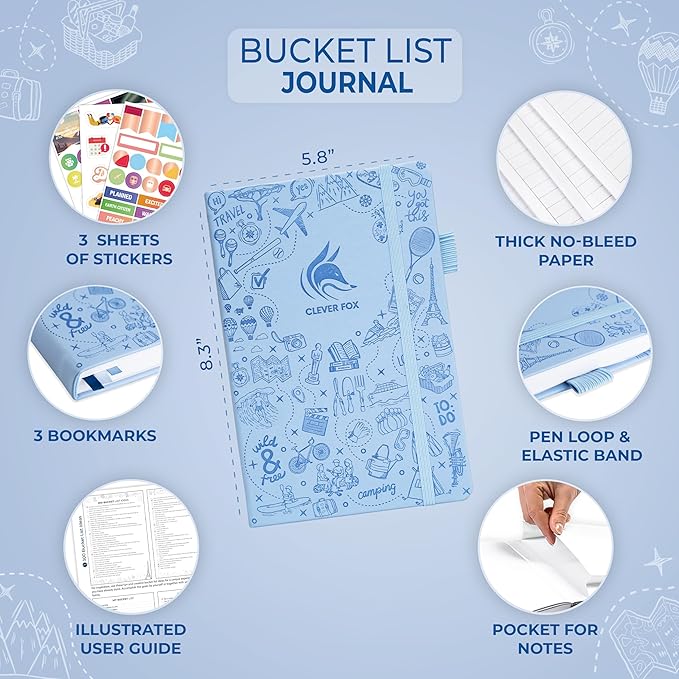 Clever Fox Bucket List Journal – Inspirational Book for Memories & Adventures – Motivational Bucket List Notebook for Couples, A5 (Light Blue)