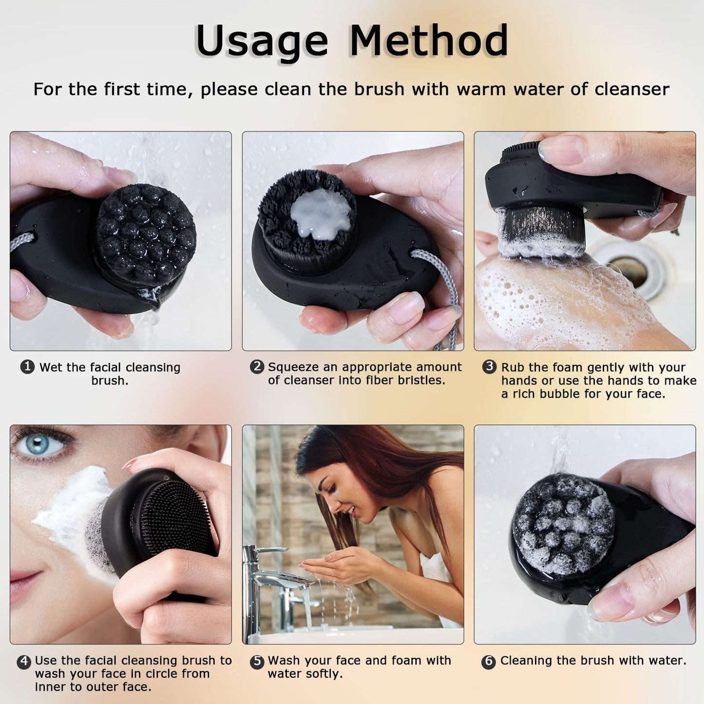 Beomeen 2 Pack Facial Cleansing Brush 2 in 1 for Face Exfoliation, Soft Bamboo Charcoal Microfiber Bristle Dual Face Silicone Scrubber Brush for Pore Deep Cleansing Skincare with Lid, Black+Gradient