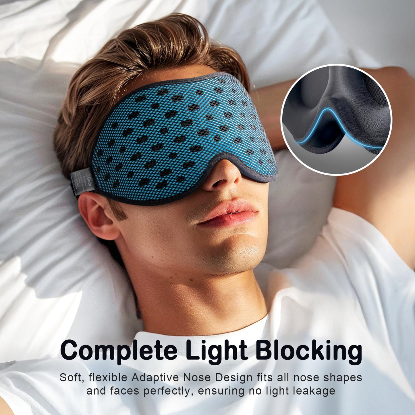 LitBear Breathable Sleep Mask, 3D Eye Mak Sleep for Side Sleepers Women Men, Light Blocking Sleeping Mask with Adjustable Strap, Soft Lightweight Eye Cover for Travel, Night Work, Nap, Office - Blue