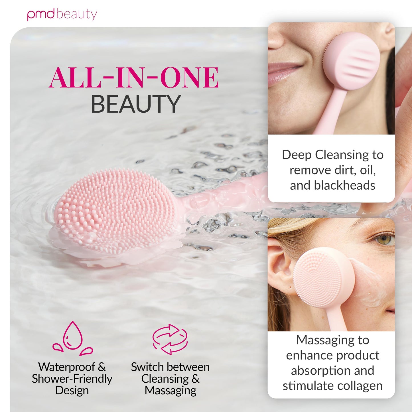 PMD Beauty: Electric Facial Cleansing Brush - Smart Facial Device with Silicone Brush & Anti-Aging Massager, Blush