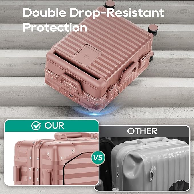 Joyway 20 Inch Carry on Luggage with Aluminium Frame and Front Pocket, PC Hardshell Suitcase with USB Port and Cup Holder, 21.5x14.2x9 Airline Approved, Luggage with Spinner Wheel TSA Lock(Rose Gold)