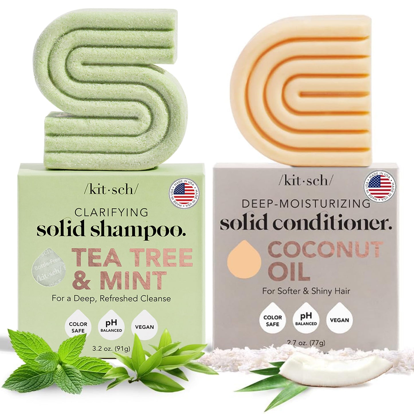 Kitsch Tea Tree Shampoo & Coconut Oil Conditioner Bar – Shampoo and Conditioner Set - Clarifying Bar Soap for Greasy Hair & Deep Moisturizing - Paraben, Silicone & Sulfate Free - Made in USA - 2 Pack