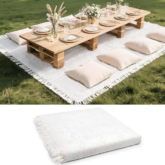 102 x 71 Extra Large White Outdoor Picnic Blanket, Woven Cotton Yarn Oversize Portable Blanket with Fringe for Camping, Beach, Lawn or Wedding. Indoor Bohemia Decorations, Machine Washable & Sandproof