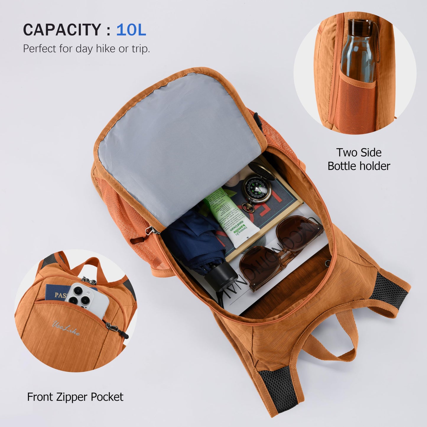 Uselike 10L Small Hiking Backpack Travel Daypack Lightweight Packable Back Pack for Women Men(Orange)