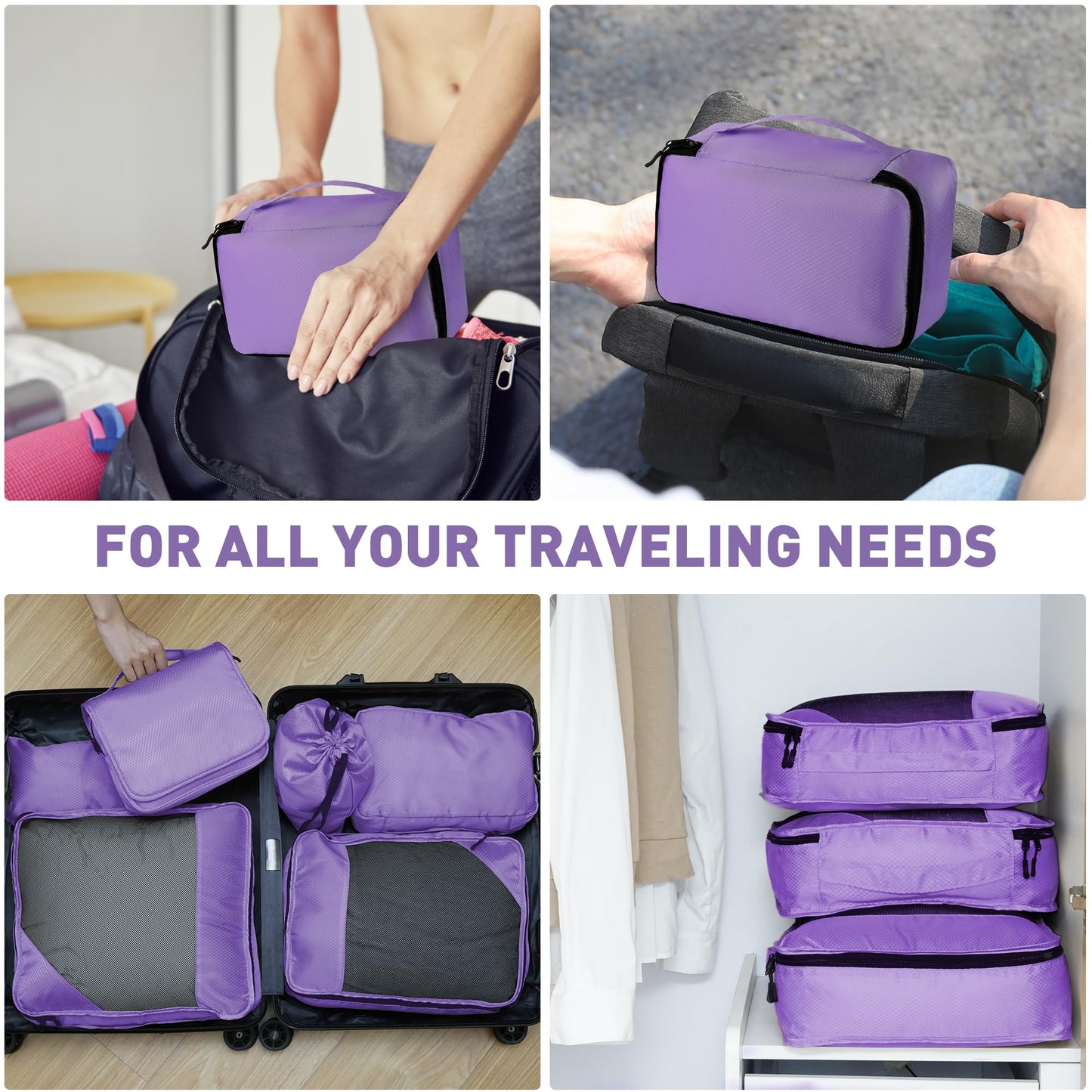 Toncoke 8-Piece Packing Cubes for Travel, Mesh Luggage Organizers with Shoe Bag, Toiletry Bag, Laundry Pouches, 4 Sizes (XL/L/M/S) for Suitcase Organization, Men Women Kids, Purple