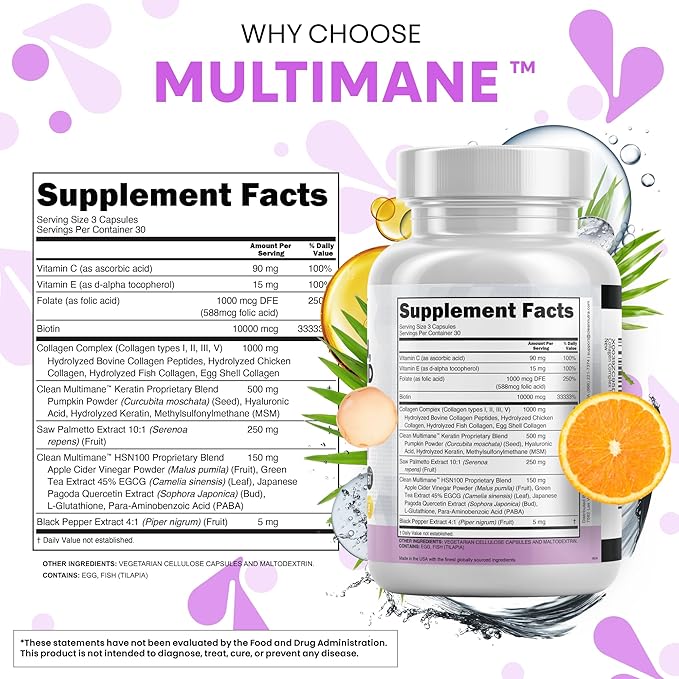 Clean Nutraceuticals Collagen Pills 1000mg Biotin 10000mcg Keratin Saw Palmetto Hyaluronic Acid - Hair Skin & Nails Vitamins & DHT Blocker with Vitamin E Folic Acid Pumpkin Seed MSM - 90 Count