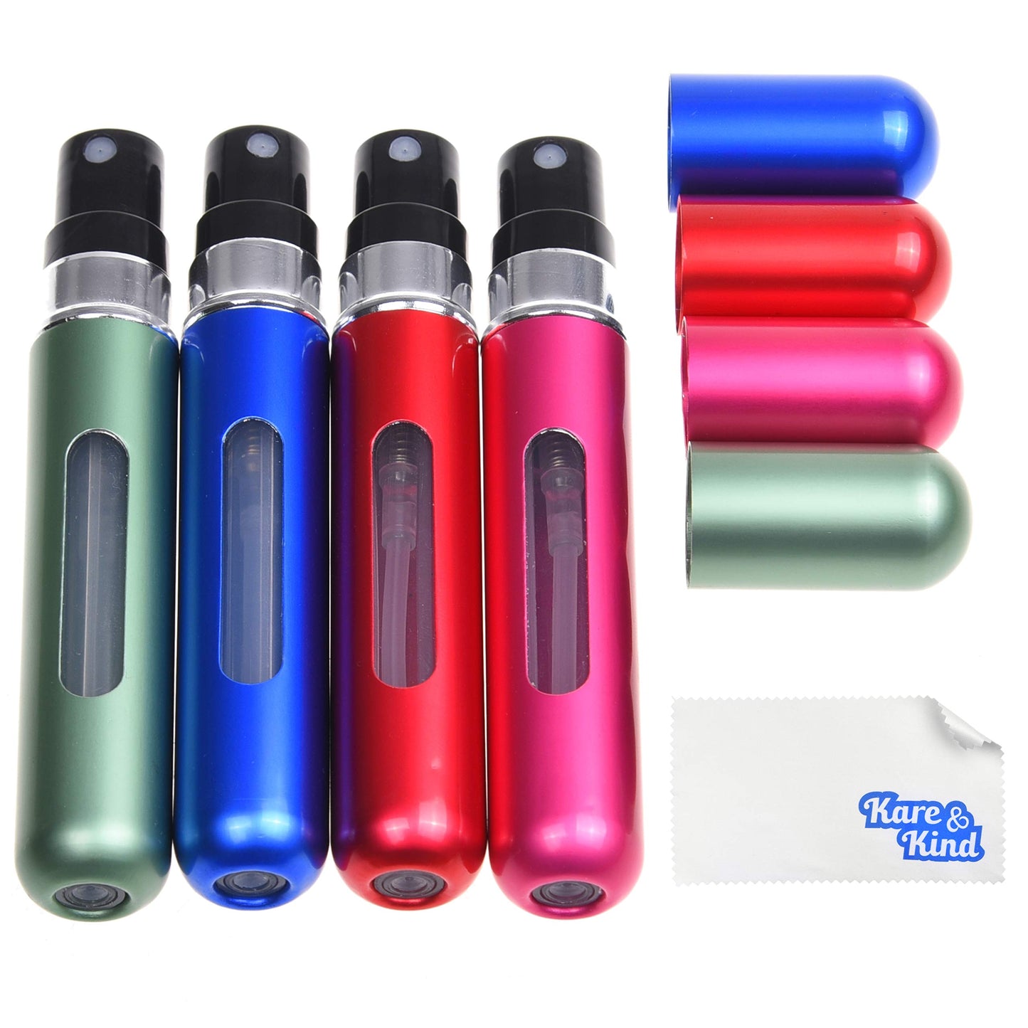 Kare & Kind 4x Mini Perfume Atomizer Bottles - Refillable Pump Spray Cases - Stainless Outer Shell with Transparent Glass Vial - For Perfumes, Body Sprays, Facial Mists, Oils - (Green/Blue/Pink/Red)