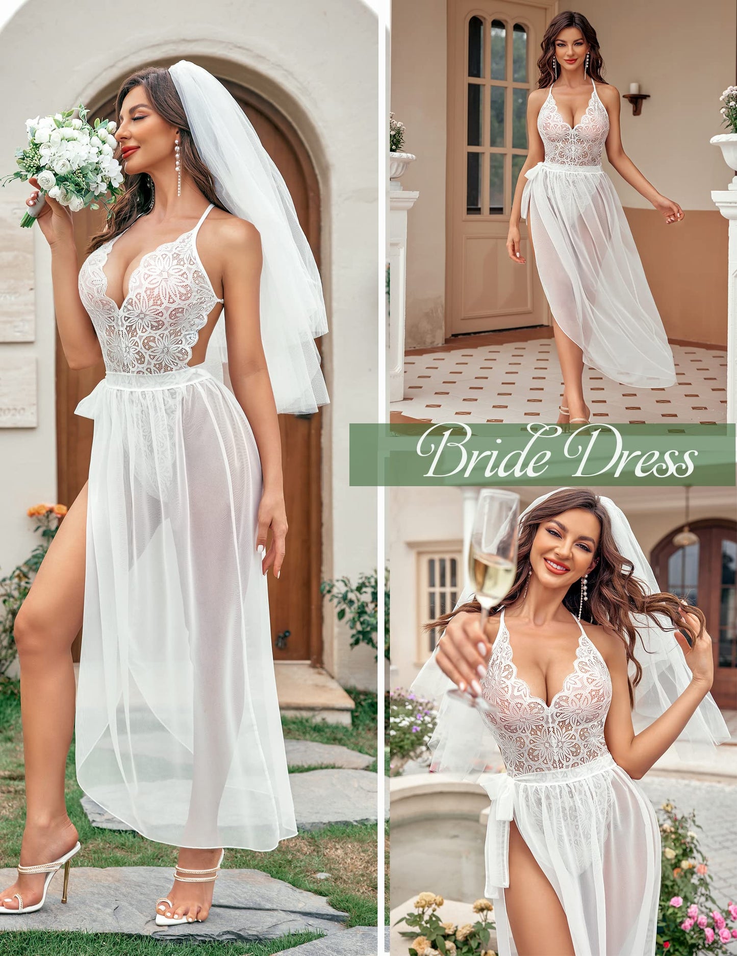 Avidlove Women Lingerie Sexy Nightgown 2 pieces Set Bridal Lingerie Lace Teddy Sheer Wrap Skirt White Medium