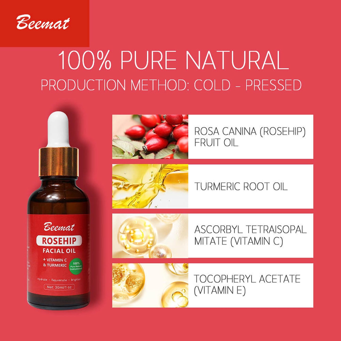 Beemat Rosehip Vitamin C Face Oil w/Turmeric 100% Natural Skin Care Facial Oil Cold Pressed Rosehip Oil for face For Brightening Hydrating & Rejuvenating 1oz/30ml