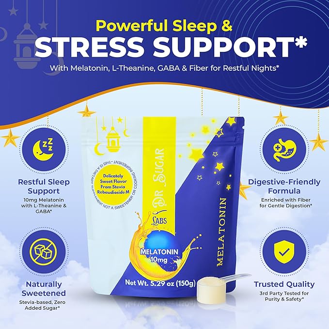 Dr Sugar Labs – Sleep Aid Melatonin Powder Drink Mix | 10mg Melatonin Sleep Supplement | 0 Sugar, Stevia-Sweetened with L-Theanine, GABA & Fiber | Bedtime Drink Mix for Restful Sleep – 30 Servings