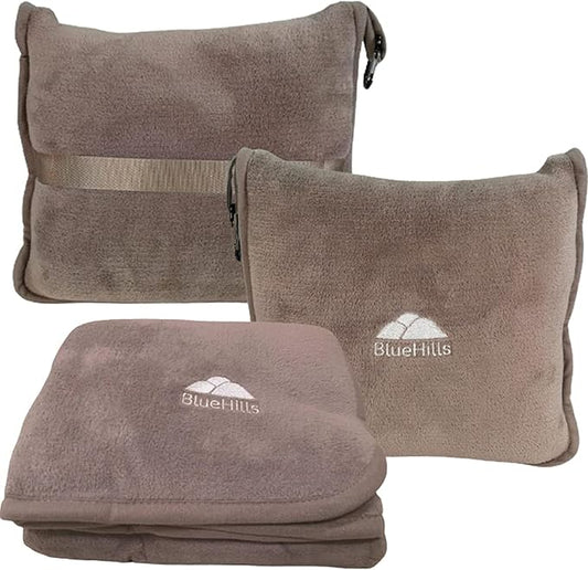 BlueHills Premium Soft Travel Blanket Pillow Airplane Flight Blanket Throw in Soft Bag Pillow case with Luggage Belt & Backpack Clip Compact Pack Large Airport Taupe T023