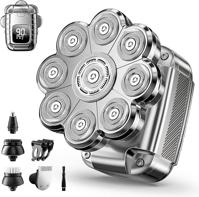 9D Head Shavers for Bald Men, 5 in 1 Detachable Head Shaver with LED Display, IPX7 Waterproof Wet Dry Rechargeable Electric Shavers for Men Grooming Kit for Home & Travel
