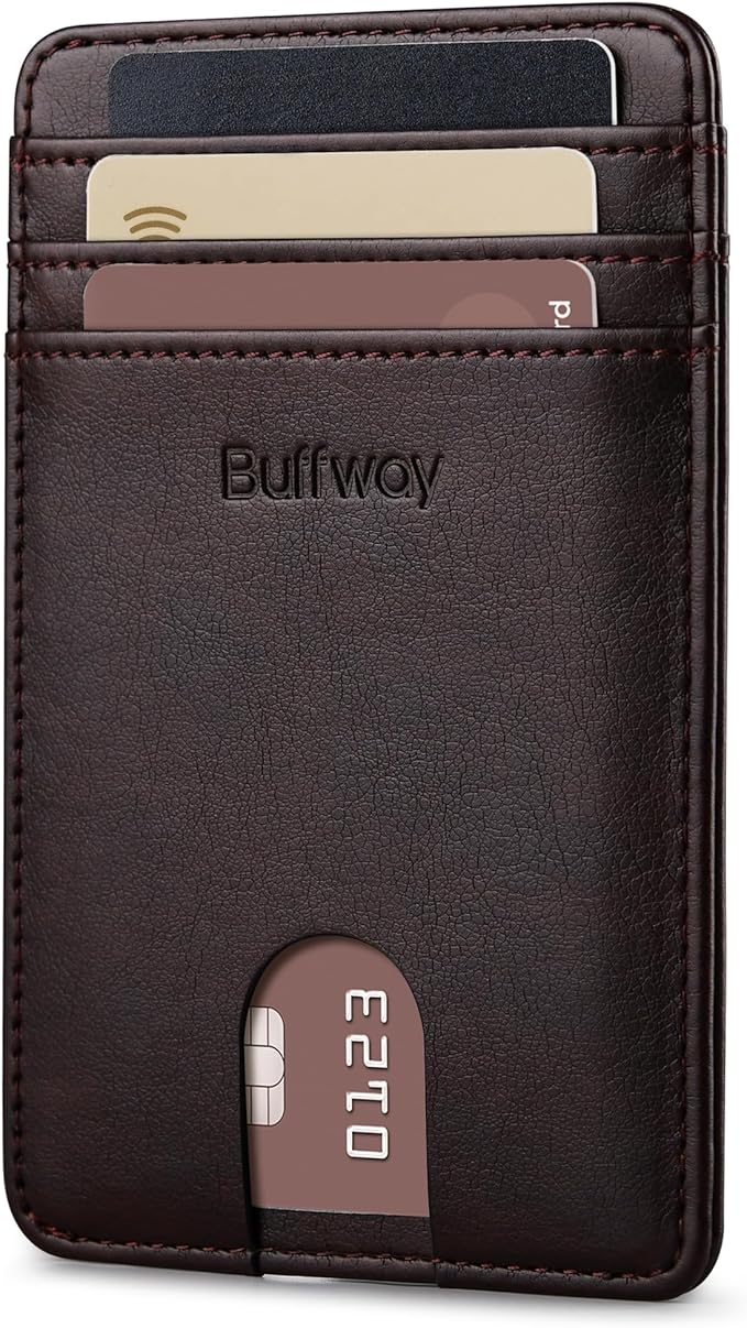 Buffway Mens Slim Wallet, Minimalist Thin Front Pocket Leather Credit Card Holder with RFID Blocking for Work Travel