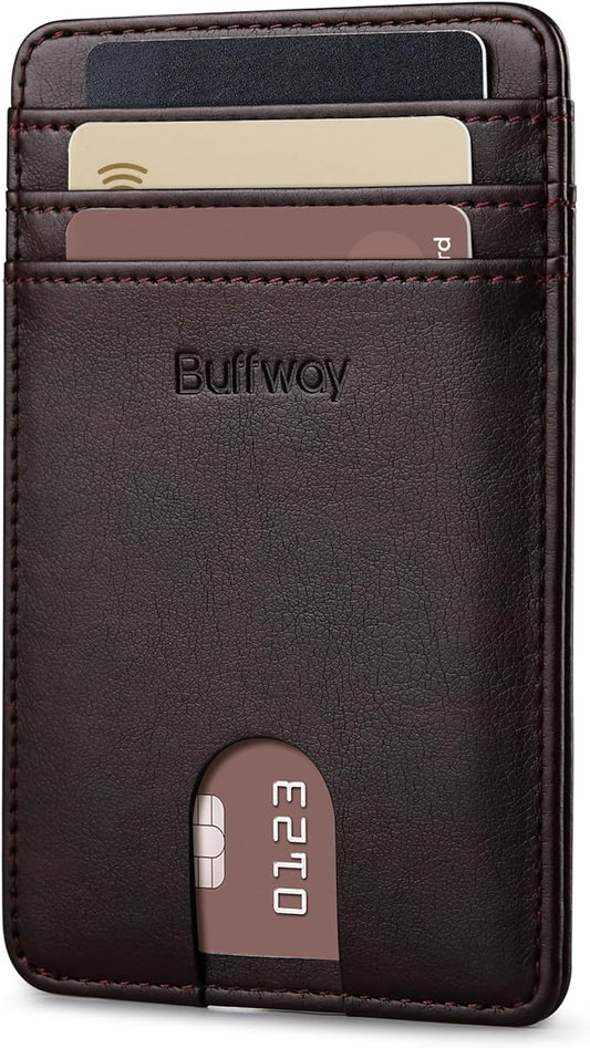 Buffway Mens Slim Wallet, Minimalist Thin Front Pocket Leather Credit Card Holder with RFID Blocking for Work Travel