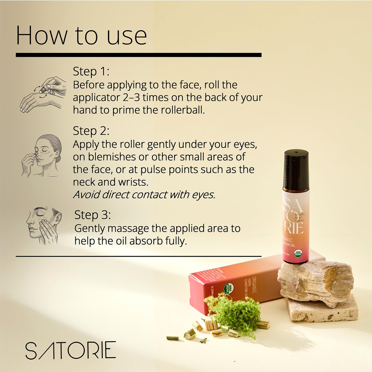 SATORIE Organic Castor Oil with Rose Quartz Rollerball - USDA Certified 100% Castor Oil Roll-on for Face, Under Eyes, Brows & Lashes; Deep Moisture, Soothing, Promotes Hair Growth