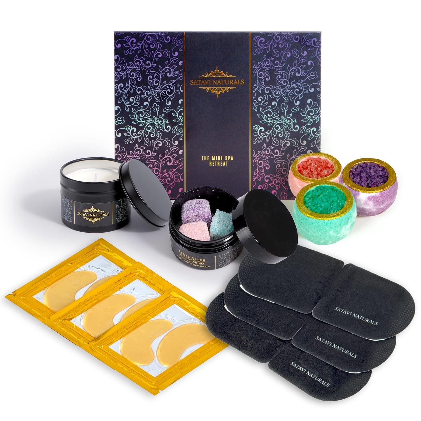 Satavi Naturals The Mini Spa Retreat - Home Spa Kit Including 24K Gold Eye Mask, Bath Bombs & Sugar Scrubs, Candle & Self-Heating Steam Eye Mask - Pampering, Relaxation & Self Care Gifts for Women