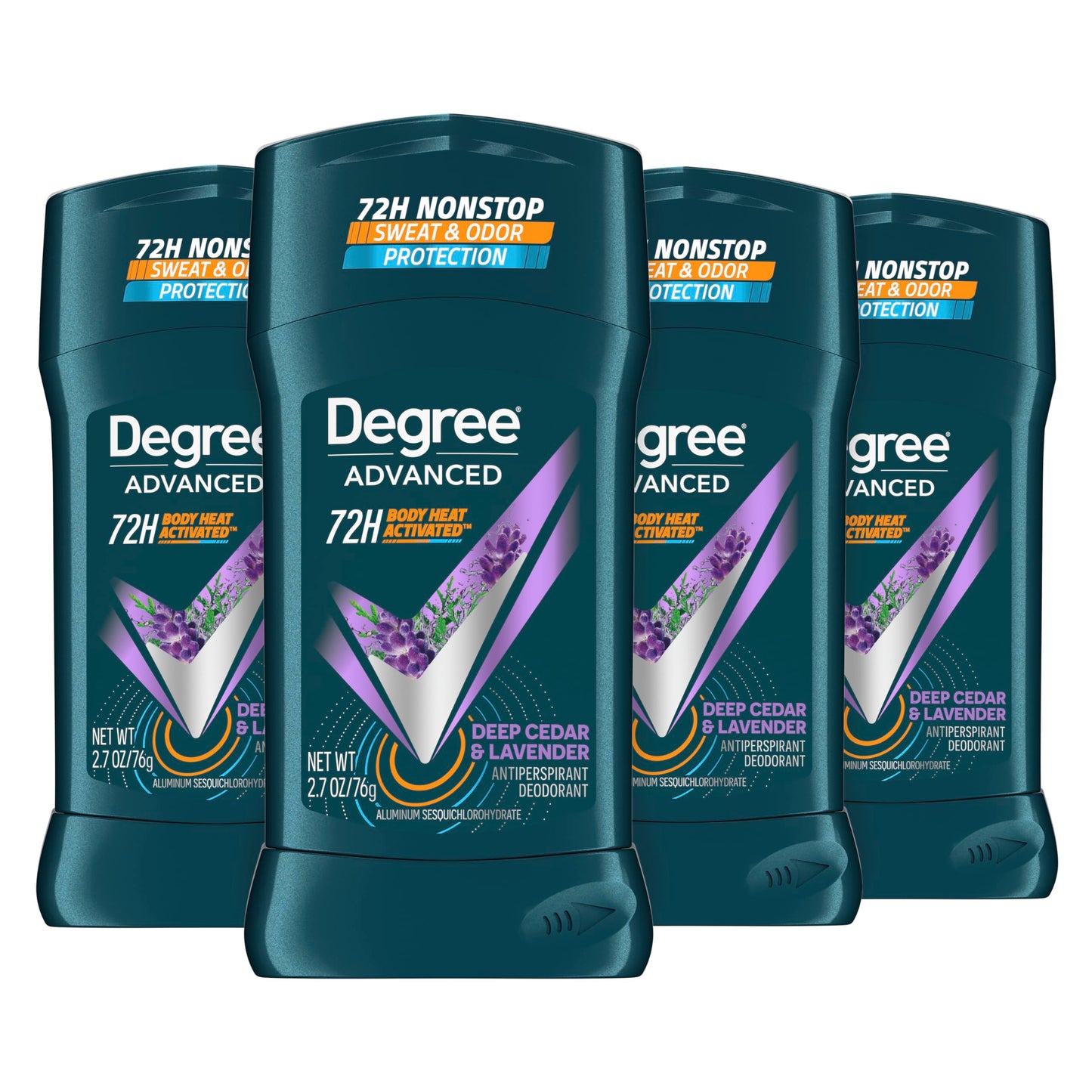 Degree Men Antiperspirant Deodorant Stick Deep Cedar & Lavender 4 Count 72-Hour Sweat and Odor Protection Deodorant for Men With Body Heat Activated Technology 2.7 oz