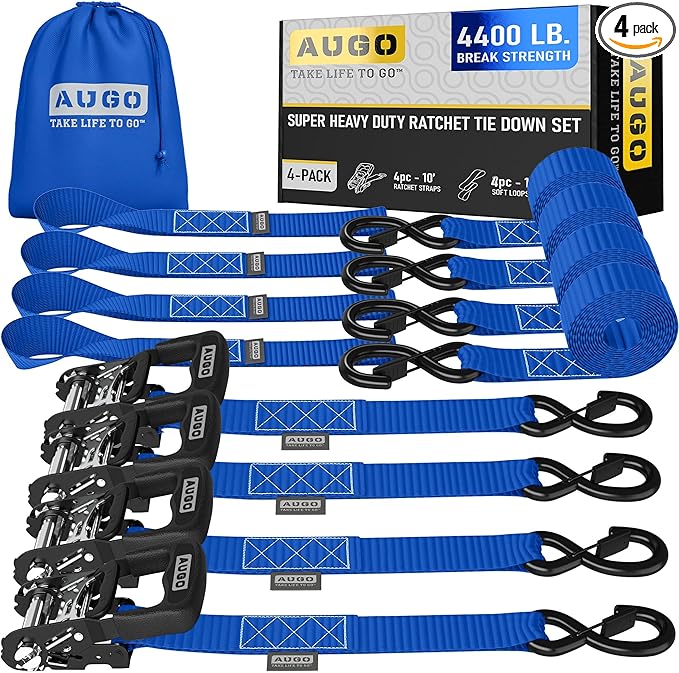 AUGO Heavy Duty Ratchet Straps & Soft Loops – Pack of 4 Extra Strong 1.5” by 10’ Ratchet Straps w/S-Hook Safety Latches & 4 Soft Loop Tie Downs – 4400Lb Break Strength for Motorcycles, ATVs, Etc.
