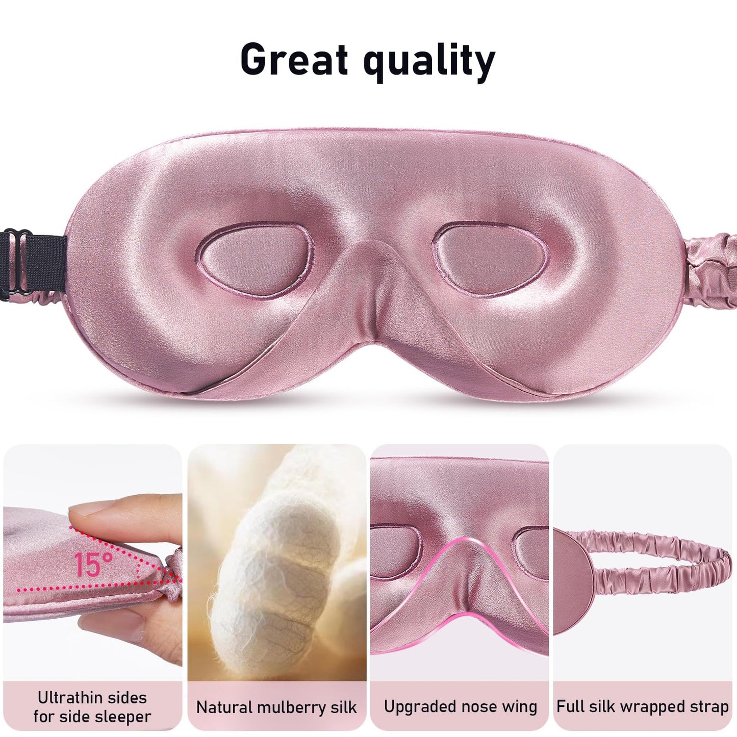 LitBear 100% 22 Momme Mulberry Silk Sleep Mask - 3D Contoured Eye Mask for Men Women, Soft Breathable Sleeping Mask with Adjustable Strap, Perfect Blocks Light for Sleeping (Bean Pink)