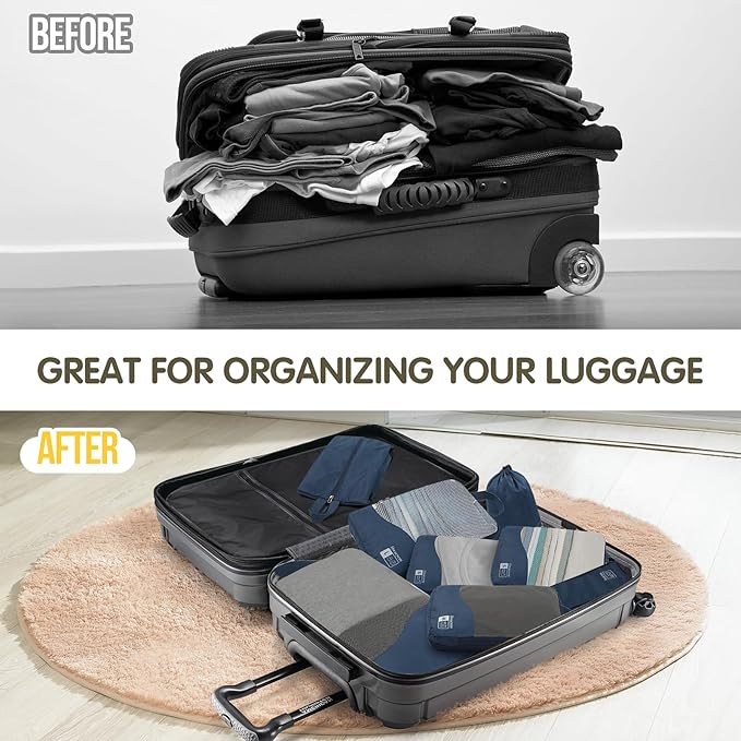 Compression Packing Cubes 8 Set, See-Through Mesh Compression Packing Cubes Travel for Carry on Women/Men, Dual Zipper Packing Bags for Suitcases, Luggage and Backpacks (Navy Blue)