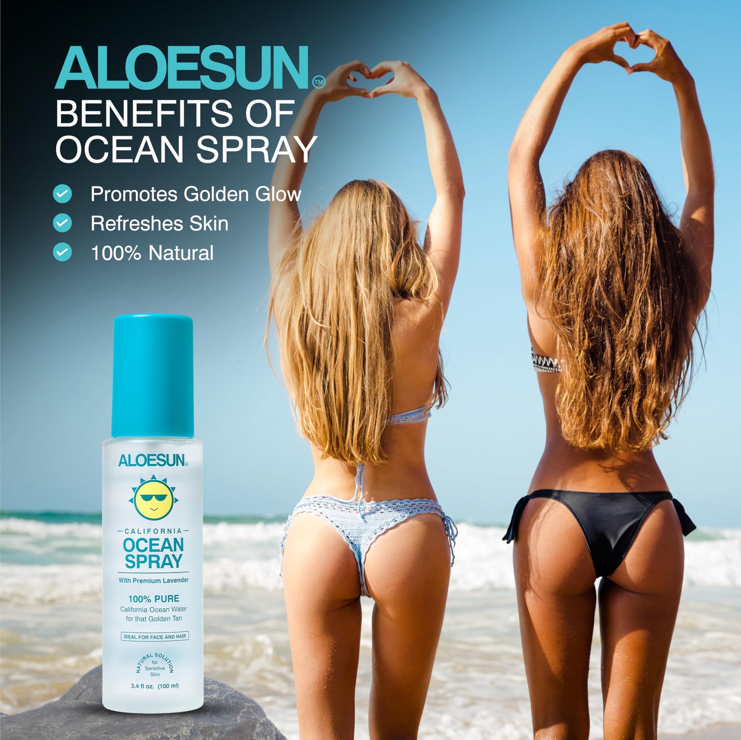 ALOESUN Ocean Spray | Pure California Sea Salt Water Face Mist Infused with Organic Lavender Essential Oil for Tanning | Hair & Scalp Exfoliating Solution | Facial Moisturizer | Travel Size 3.4 Fl Oz