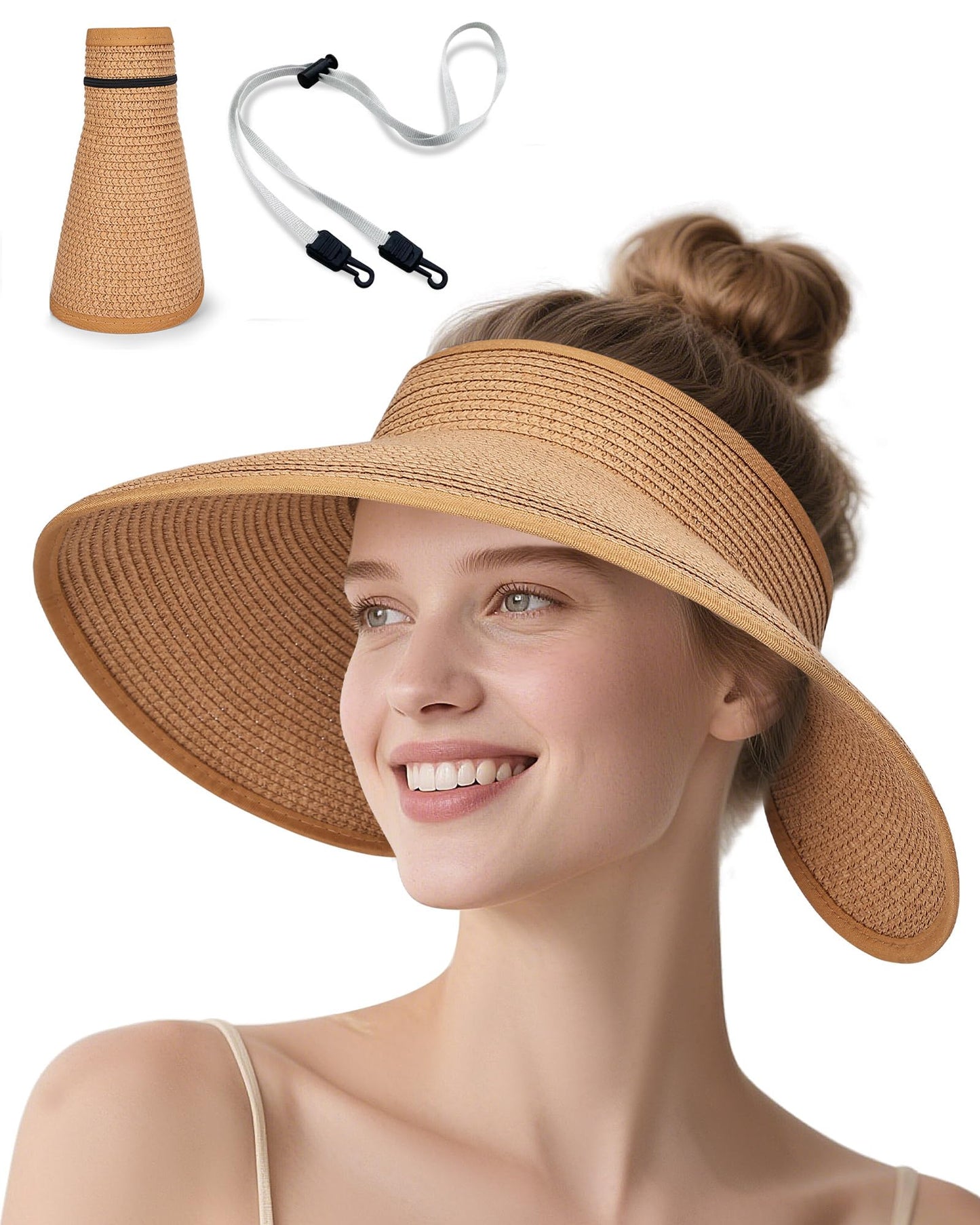 YANIKY Sun Visor Hat for Women, Wide Brim Straw Visors Beach Hat Roll Up Foldable Beach Visors Summer UV Protection (US, Alpha, One Size, Khaki)