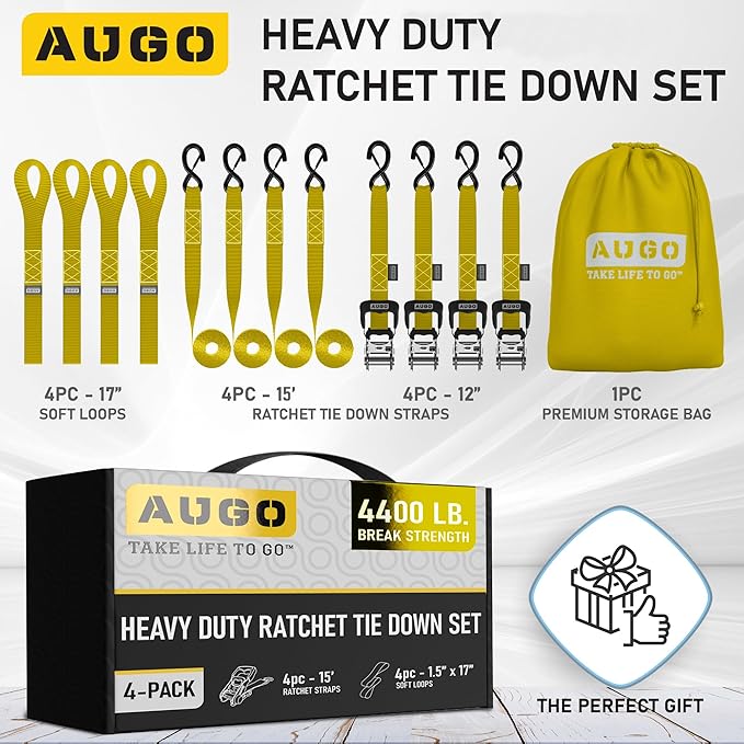 AUGO Heavy Duty Ratchet Straps & Soft Loops – Pack of 4 Extra Strong 1.5” by 15’ Ratchet Straps w/S-Hook Safety Latches & 4 Soft Loop Tie Downs – 4400Lb Break Strength for Motorcycles, ATVs, Etc.