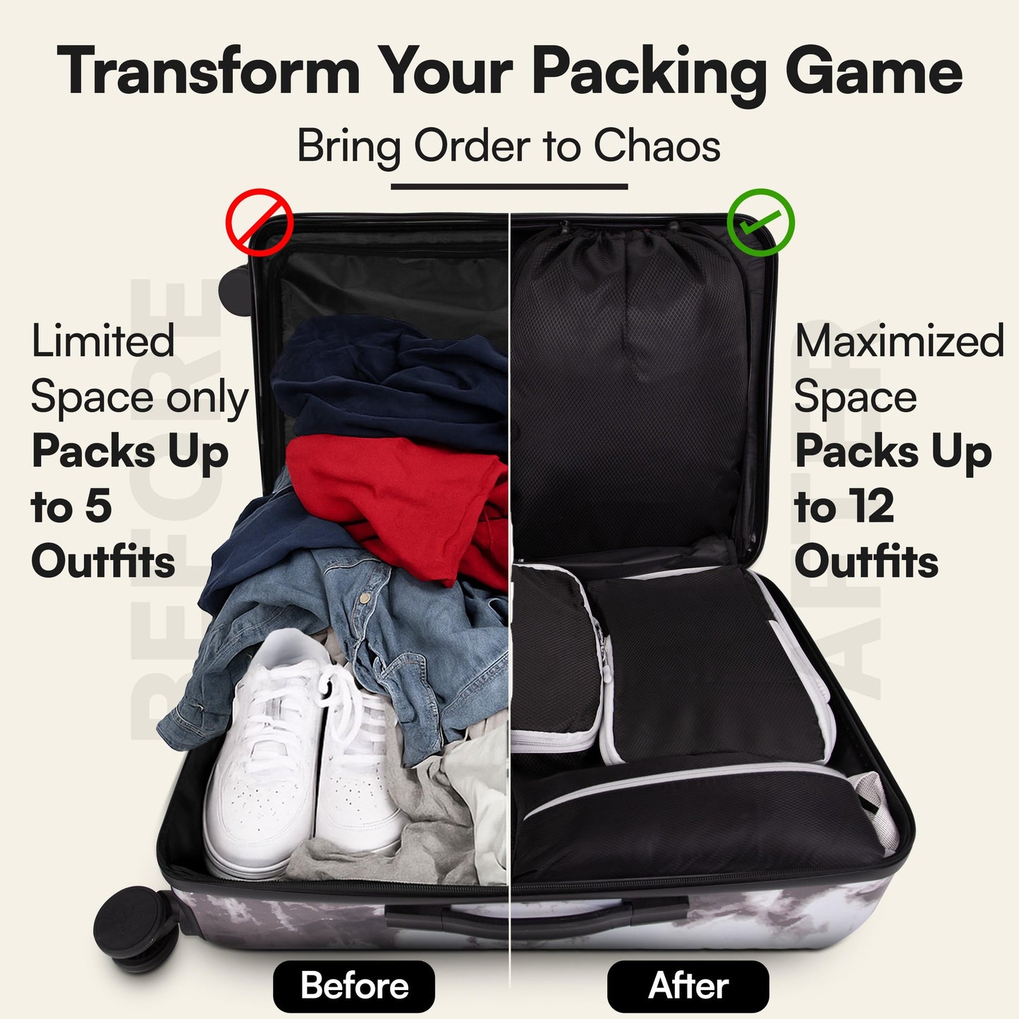 AMHARBOR Set of 6 Compression Packing Cubes for Travel - Space-Saving Luggage Organizers - Vacation Travel Essentials - Lightweight Accessories for Suitcase