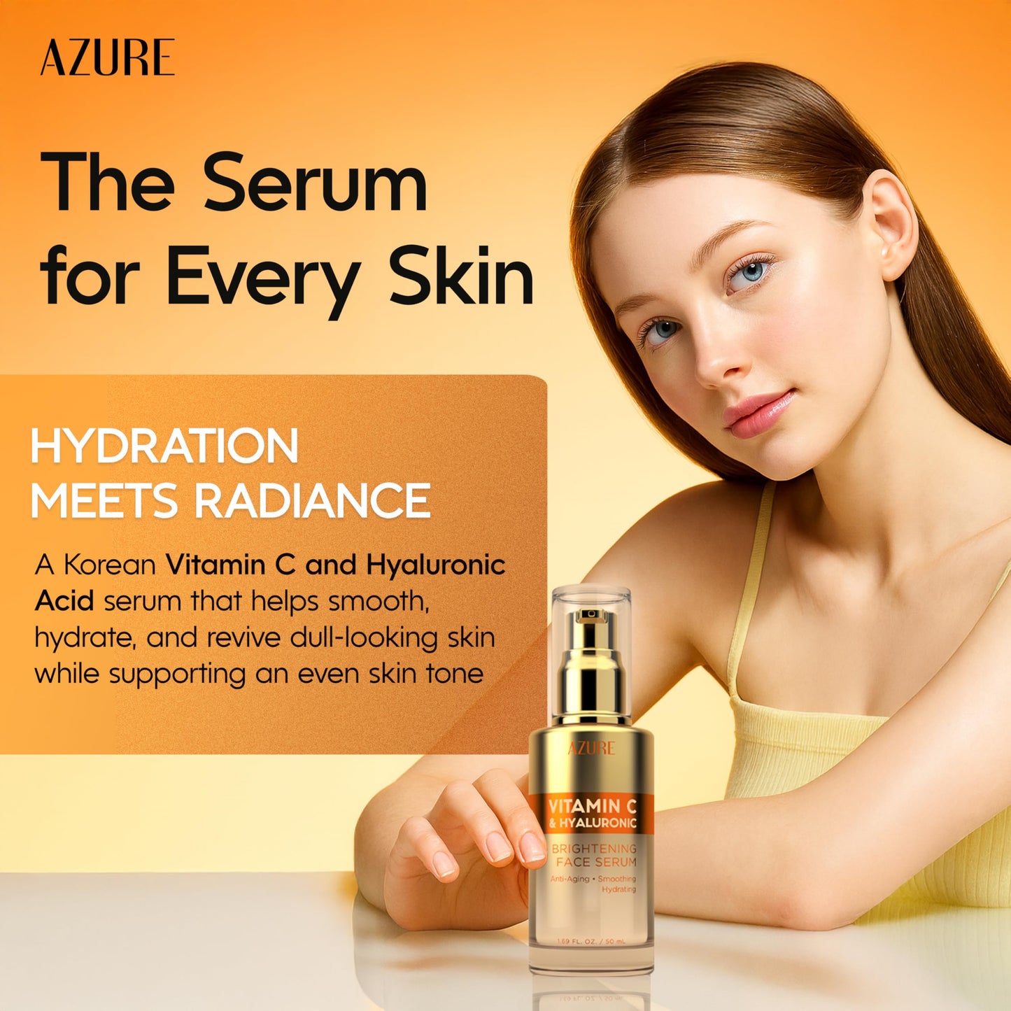 Azure Cosmetics Vitamin C Serum For Face - Dermatologist Tested, Anti-Aging with Hyaluronic Acid for Dark Spots, Fine Lines & Wrinkles - Brightning, Clean Korean Skincare for Glass Skin - 1.69 fl oz