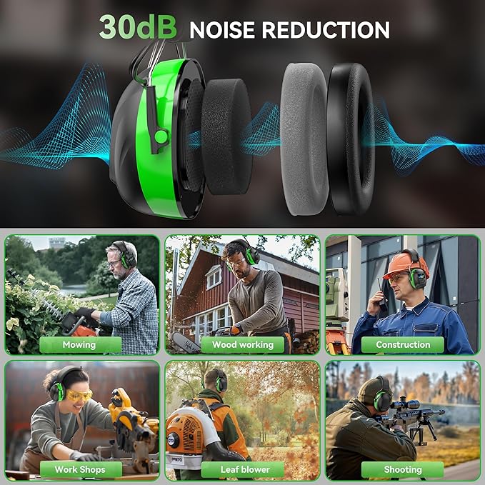 2025 AM/FM Radio Ear Protection Headphones with Backlit Digital Display, 120H Working Time, Rechargeable Hearing Protector, 30dB Noise Reduction Safety Earmuffs for Mowing, Construction, Work, Green