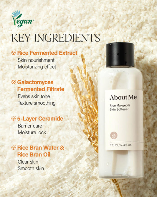 ABOUT ME Rice Makgeolli Skin Softener – Korean Traditional Fermentation Toner for All Skin Types – Daily Barrier Repair with 5 Ceramides & Rice Bran – Korean Skin Care – 5.74oz, 170ml