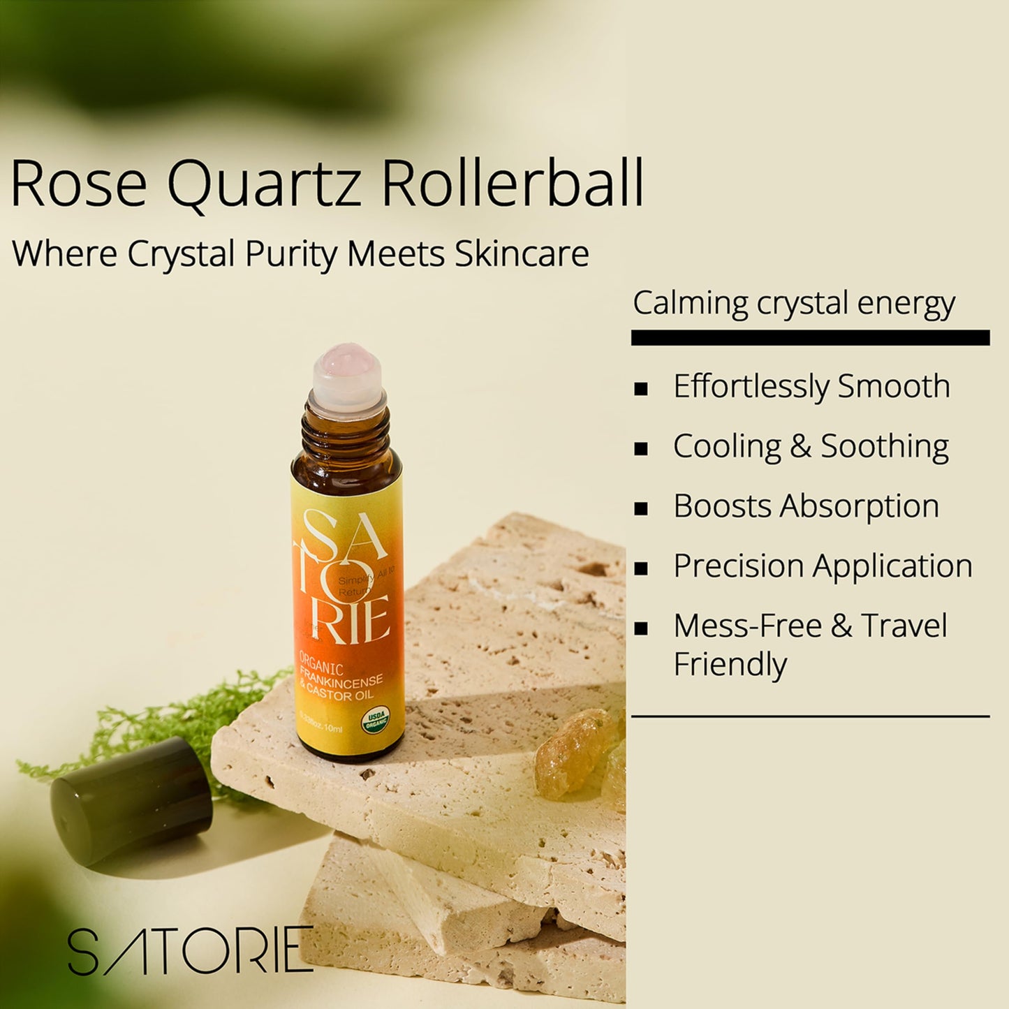 SATORIE Organic Castor & Frankincense Oil with Rose Quartz Rollerball - USDA Certified Essential Blend Oil Roll-On, Time Eraser Rollerball, for Face, Under Eyes, Anti-Aging, Dark Circles