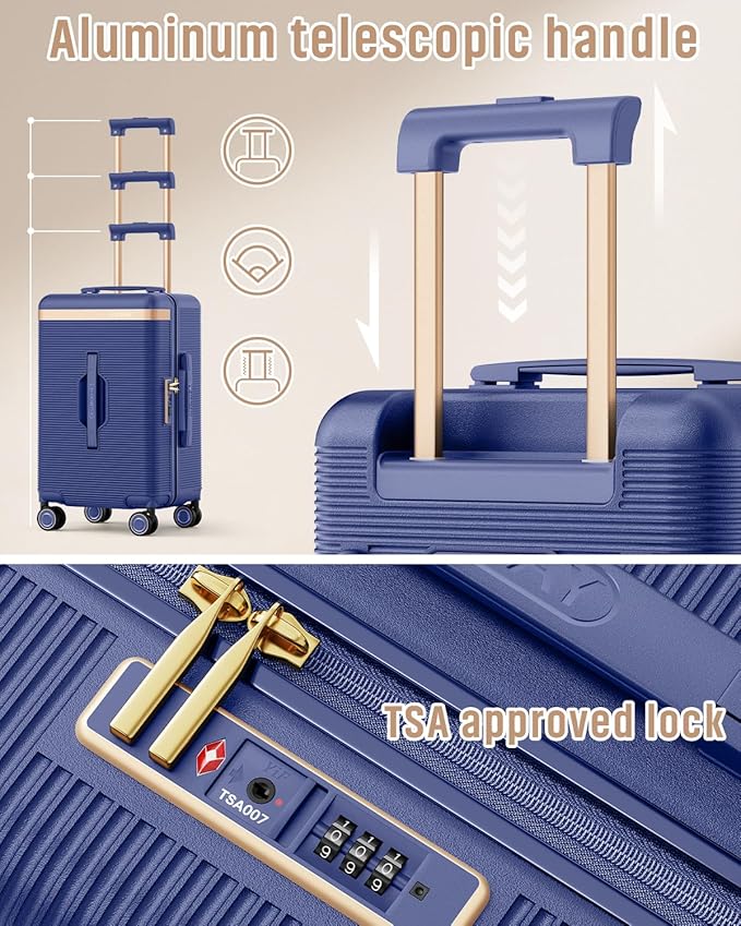 Joyway 22 Inch Carry on Luggage with Cup Holder, Hard Shell Carry-on Suitcases with Shock Absorbing Spinner Wheels, Lightweight Luggage with TSA Lock for Women Men, Blue