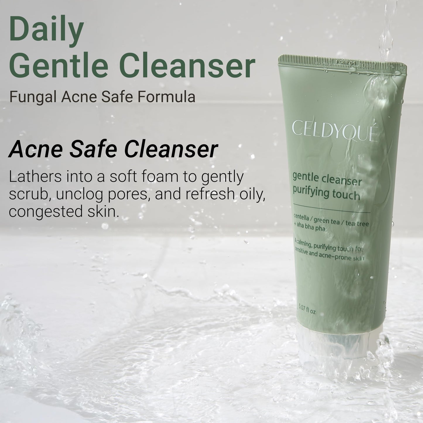 CELDYQUE Gentle Cleanser Purifying Touch – Centella, Tea Tree & Green Tea | AHA BHA PHA Exfoliating Face Wash for Sensitive, Acne-Prone Skin | Calming, Pore Purifying Korean Cleansing Foam, 5.07 fl oz