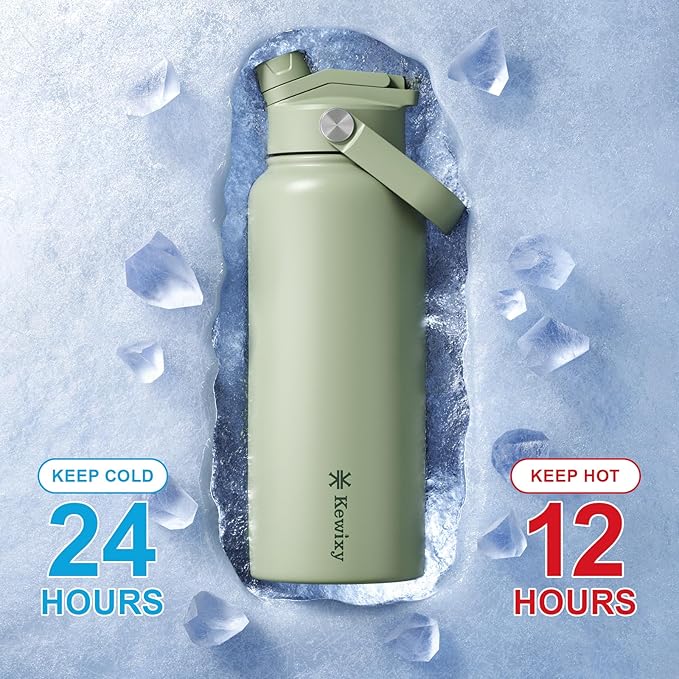 32 oz Insulated Water Bottle, 2-in-1 Lid, Straw & Spout with Protected, Leak Proof, Keep Cold, Stainless Steel, Metal, Reusable, Handle, for Outdoor, Gym and School, 2 Lids, Sage Green