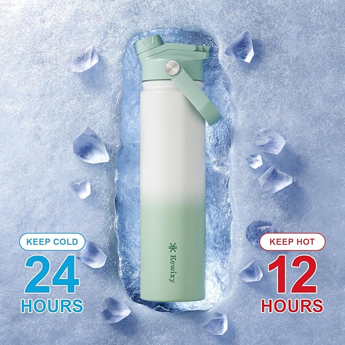 24 oz Insulated Water Bottle, 2-in-1 Lid, Straw & Spout with Protected, Leak Proof, Keep Cold, Stainless Steel, Metal, Reusable, Handle, for Travel, Gym and School, 2 Lids, Iced Mint