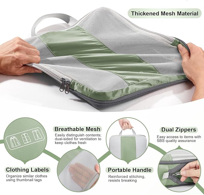 8 Set Compression Packing Cubes for Travel Essentials,Compressible Expandable Packing Cubes for Suitcase,OlarHike Luggage Organizer Bags for Travel,Handy Helper for Organizing Clothes(Matcha Green)