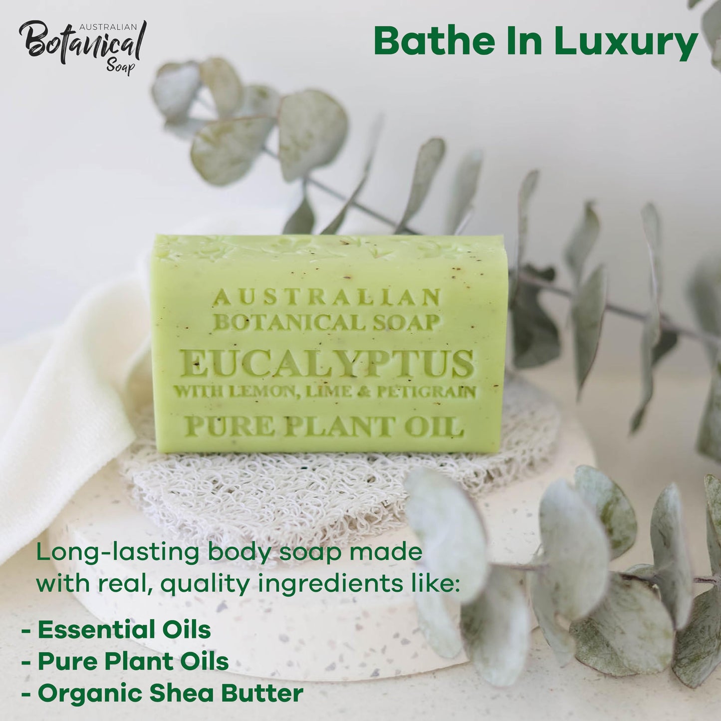 Australian Botanical Soap Eucalyptus with Lemon Lime and Petitgrain 6.6 oz Triple Milled Luxury Soap Bar Enriched with Shea Butter and Natural Oils, Pack of 1