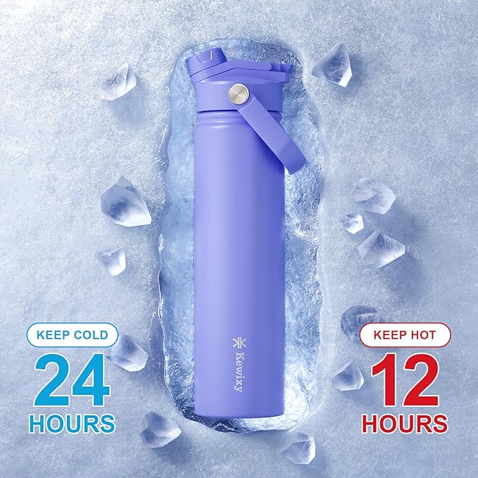 24 oz Insulated Water Bottle, 2-in-1 Lid, Straw & Spout with Protected, Leak Proof, Keep Cold, Stainless Steel, Metal, Reusable, Handle, for Travel, Gym and School, 2 Lids, Aurora Blue