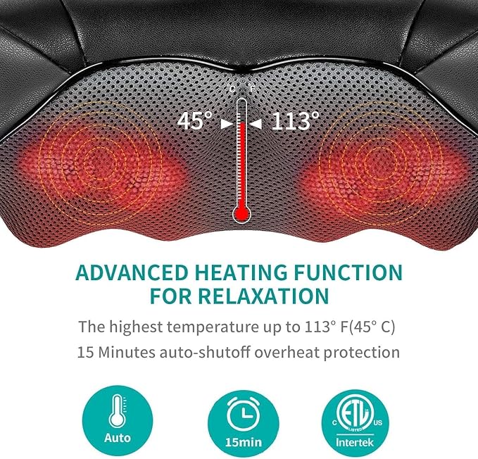 Nekteck Cordless Shiatsu Neck and Back Massager with Soothing Heat, Rechargeable Electric Deep Tissue 3D Kneading Massage Pillow for Shoulder Leg Body Muscle Pain Relief, 3 Speed Intensities