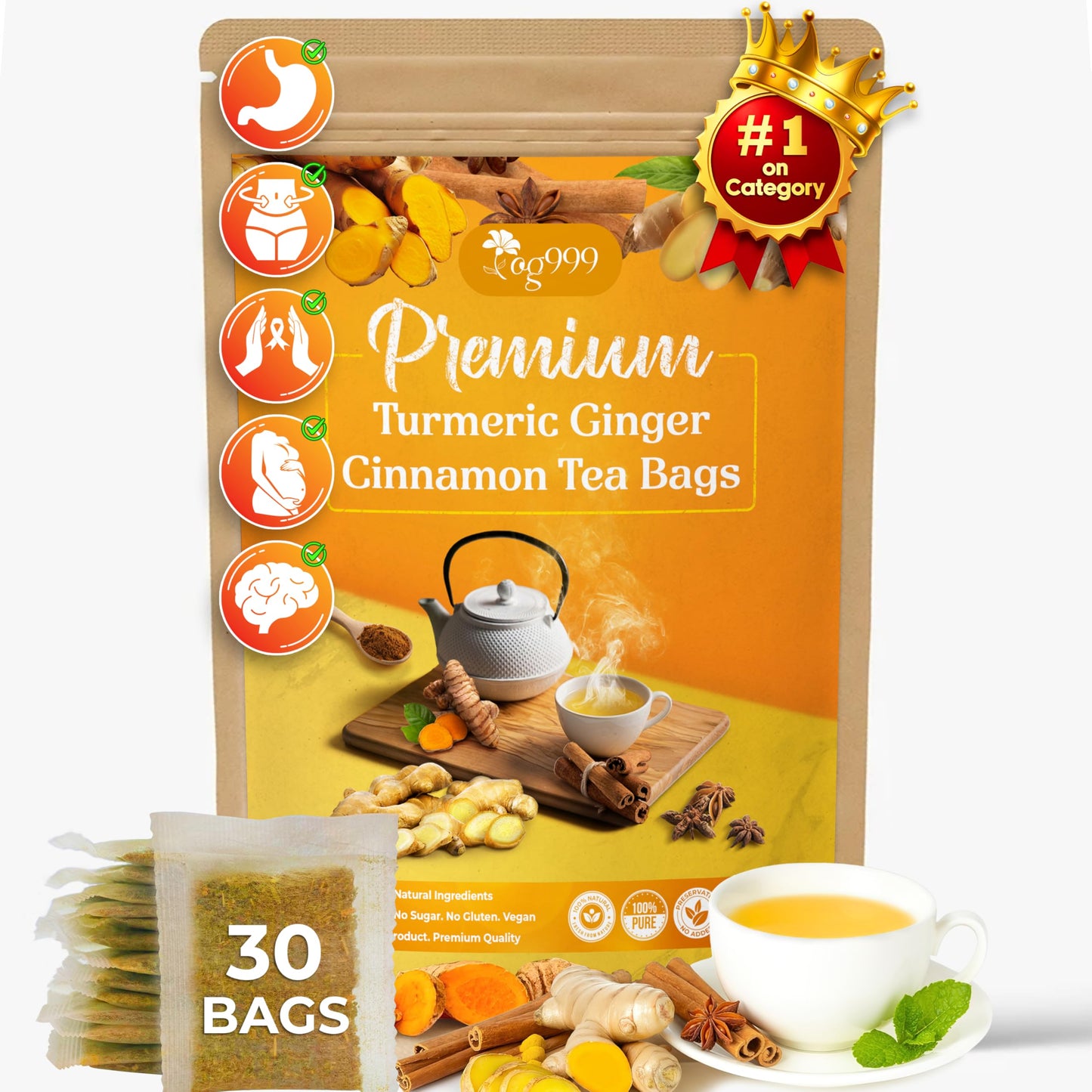 30 Bags Premium Turmeric Ginger Cinnamon Tea, Improve Digestion, Support Brain, Weight, Skin and Sleep, Eco-Conscious Tea Bags and Premium Natural Ingredients. Turmeric Ginger Herbal Tea. No Sugar, No Caffeine, No Gluten, Vegan.
